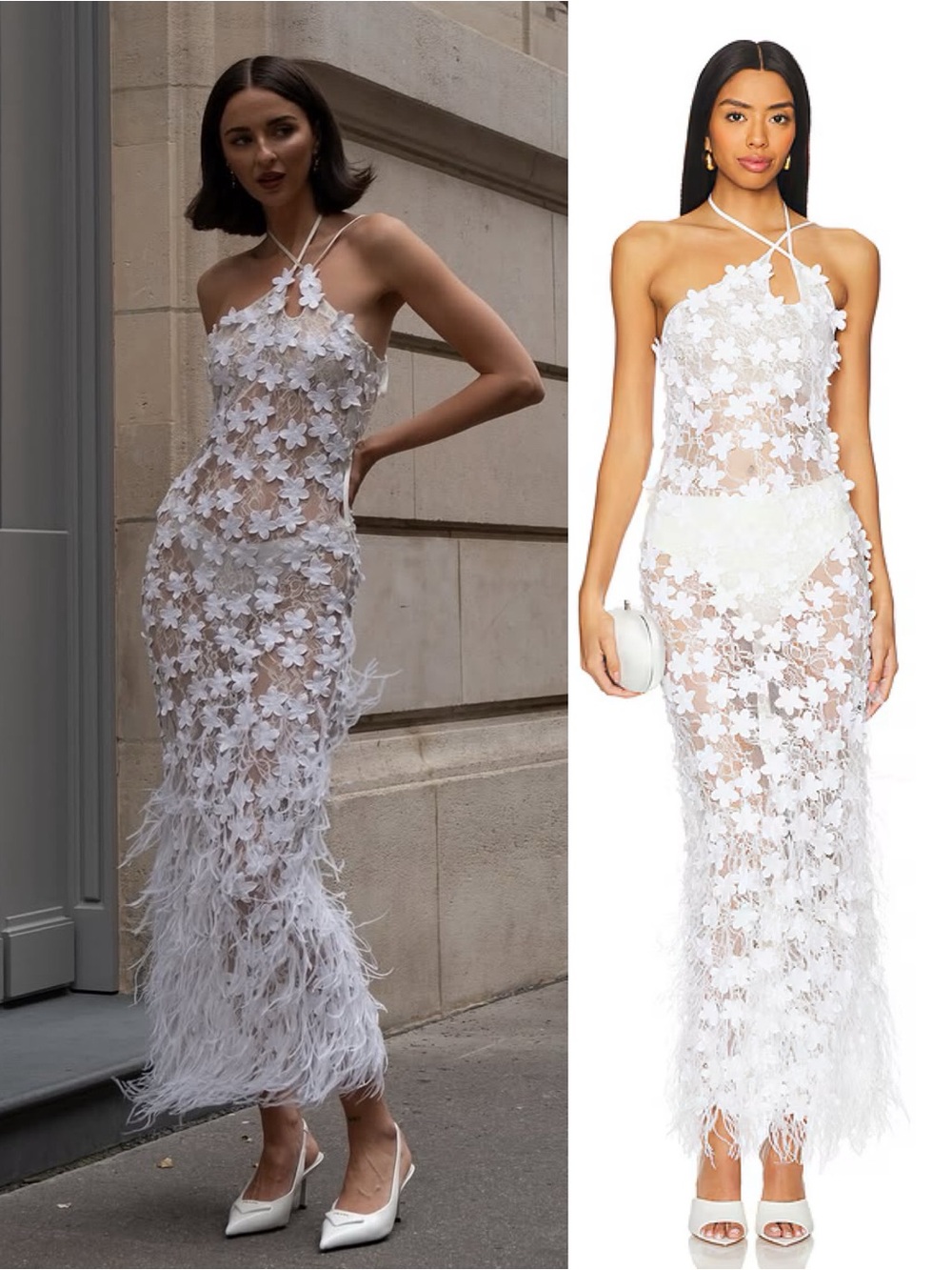 Roberta Einer Nadia Hand Embroidered Sheer Feather Trim Dress White NEW with tag